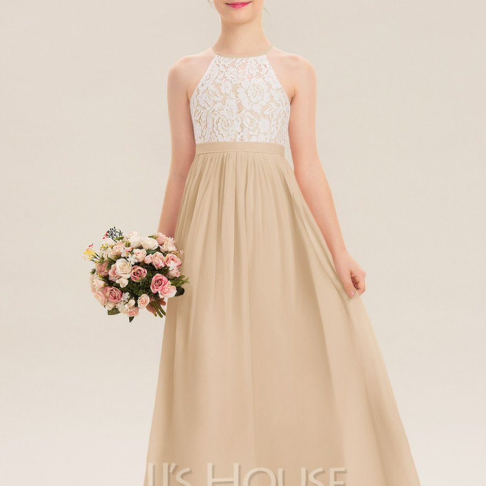 JJ House - A-Line Scoop Neck Floor-Length Chiffon Lace Junior Bridesmaid Dress